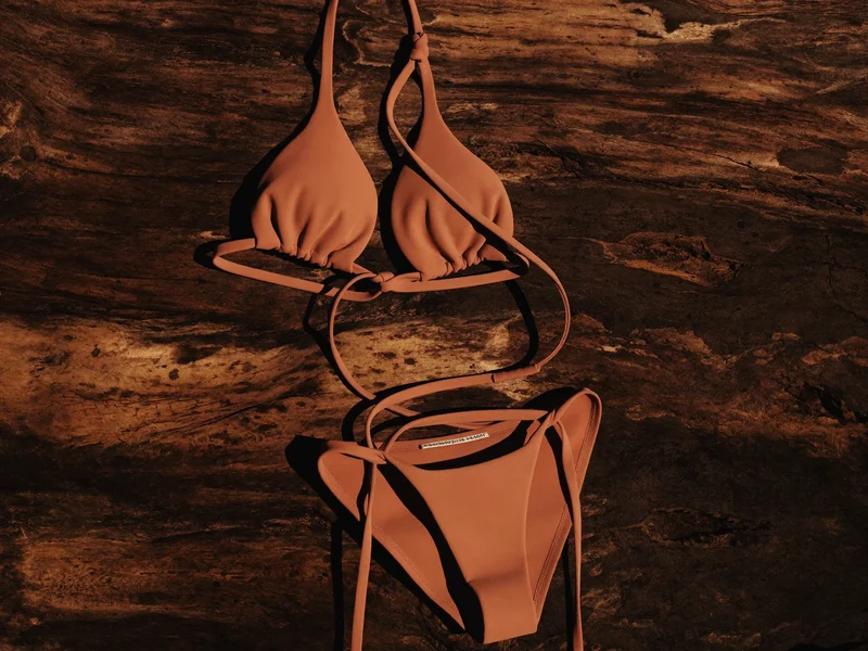 Terrakottafarbenes Bikini-Set mit feinen Bändern auf verwittertem Treibholz